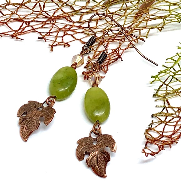 Green Irish Connemara Marble Antique Copper Leaf AB Gold Crystal Dangle Earrings - Picture 2 of 3